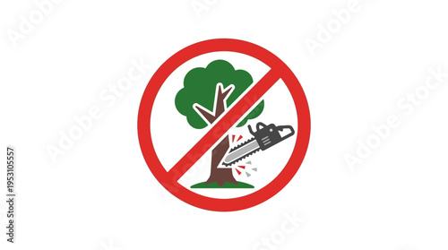 Minimal flat vector icon of prohibition circle over chainsaw and tree, anti illegal logging symbol, bold composition 