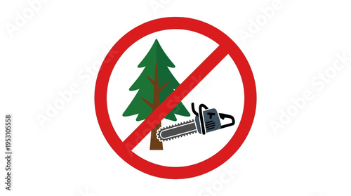 Minimal flat vector icon of prohibition circle over chainsaw and tree, anti illegal logging symbol, bold composition 