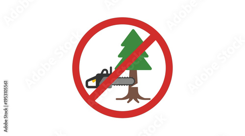 Minimal flat vector icon of prohibition circle over chainsaw and tree, anti illegal logging symbol, bold composition 