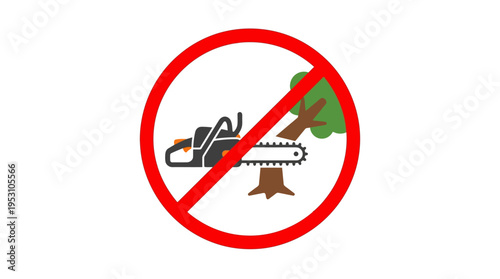 Minimal flat vector icon of prohibition circle over chainsaw and tree, anti illegal logging symbol, bold composition 