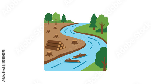 Minimal flat vector icon of river flow affected by deforestation with logs nearby, minimal environmental storytelling