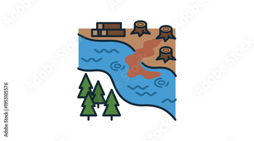 Minimal flat vector icon of river flow affected by deforestation with logs nearby, minimal environmental storytelling