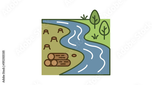 Minimal flat vector icon of river flow affected by deforestation with logs nearby, minimal environmental storytelling