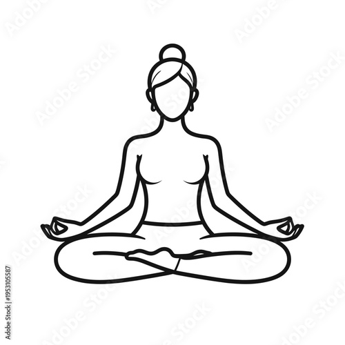 A woman with a bun practicing meditation wearing earrings in a minimalist studio, captured as a black line illustration from a frontal viewpoint, emphasizing calm and tranquility.
