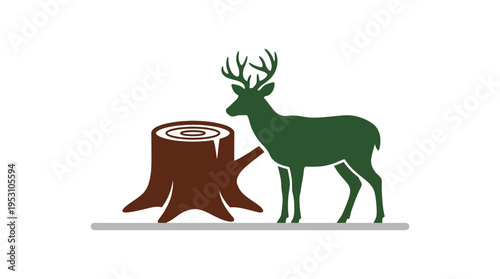 Minimal flat vector icon of wildlife silhouette next to tree stump showing habitat loss, simple animal shape integration