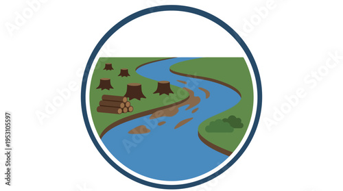 Minimal flat vector icon of river flow affected by deforestation with logs nearby, minimal environmental storytelling