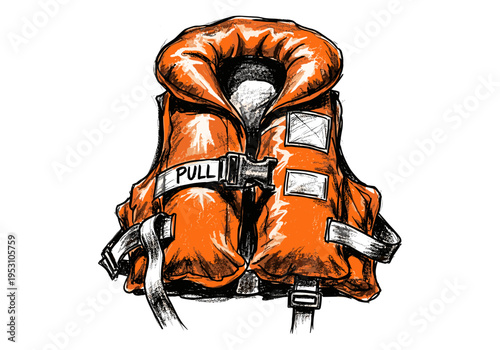 Bright orange life jacket illustration with safety features and straps