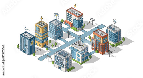 Isometric Smart City Illustration with Renewable Energy Solar Panels, IoT Connectivity, and Sustainable Urban Infrastructure Vector Art