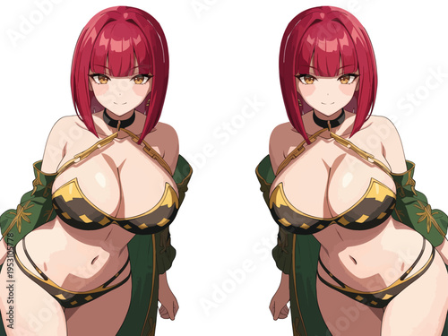 金と黒のビキニと緑のジャケットを着た、赤い髪の美しい双子のアニメの女の子 (Beautiful Twin Anime Girls with Red Hair wearing Gold and Black Bikinis and Green Jackets)