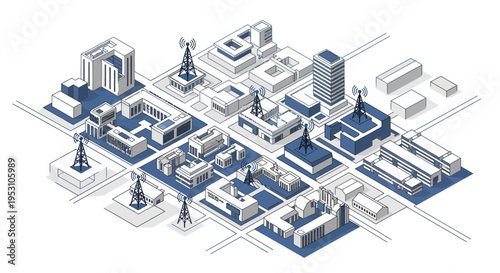 Isometric Smart City Map with 5G Telecommunication Towers and Modern Buildings