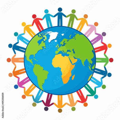 A Vibrant Illustration of a Colorful Globe Encircled by Diverse People Holding Hands, Symbolizing Worldwide Connection and Cooperation from a Front‑Facing Perspective