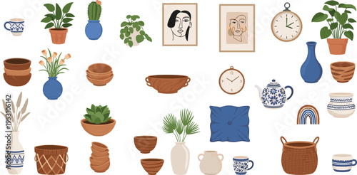 Cozy home decor vector illustration potted plants ceramic vases cups teapots wicker baskets abstract art cushion rainbow decoration creative interior design concept