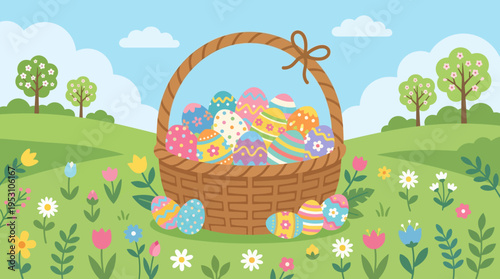 Colorful Easter eggs in basket.