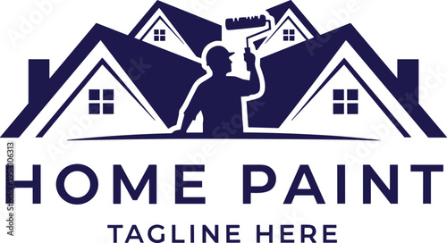 Professional home paint logo vector illustration worker with roller silhouette house rooftops renovation improvement business branding creative artwork concept