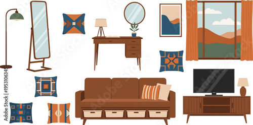 Stylized interior furniture illustration featuring sofa armchair desk mirror lamp pillows artwork window curtains TV stand and modern home decor inspiration elements