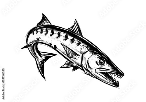 Aggressive barracuda fish illustration with sharp teeth and dynamic brush strokes
