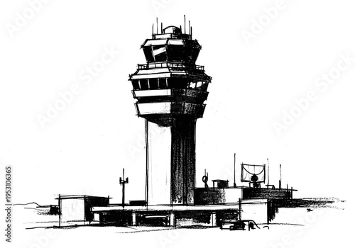 Sketch of an airport control tower with surrounding buildings and antennas