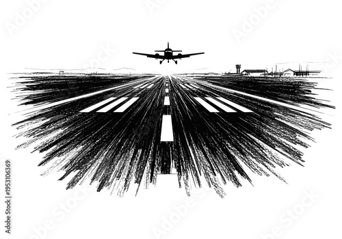 Small airplane descending onto a runway with a dramatic, abstract brushstroke effect