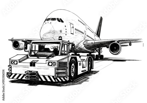Airplane tug pushing a large passenger jet on the tarmac, black and white sketch