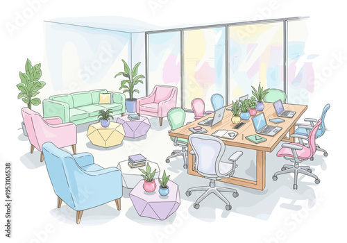 Modern office meeting room with pastel furniture and plants, a collaborative workspace