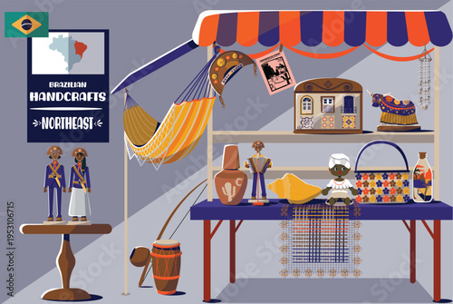 Brazilian art from northeastern of Brazil. This vector set includes famous works of art, such as objects made of leather, ceramics, and woodcuts.