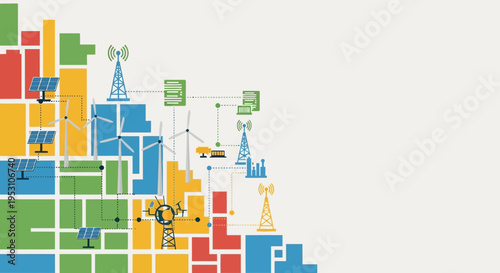 Sustainable Smart City Infrastructure Concept with Renewable Green Energy, Wind Turbines, Solar Panels, and 5G Telecommunications Connectivity on Abstract Colorful Grid Background