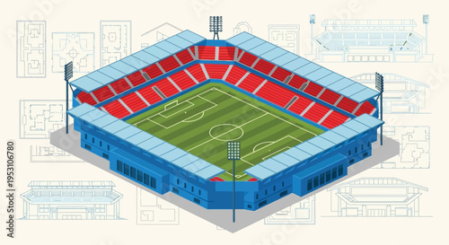 Isometric illustration of a vibrant soccer stadium with detailed seating