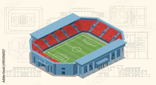 Isometric illustration of a soccer stadium with architectural blueprints