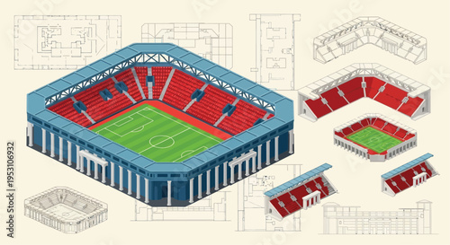 Isometric exploded view of a soccer stadium s architectural design
