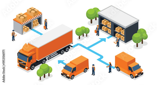 Isometric illustration depicting logistics delivery and warehouse operations