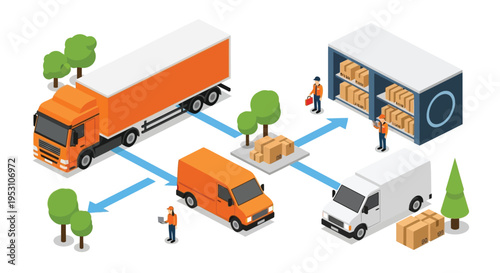 Isometric illustration depicting logistics shipping and delivery processes