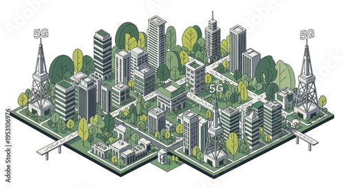Isometric Smart City Illustration with 5G Network Towers and Sustainable Urban Architecture