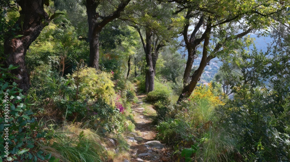 Obraz premium Hills and shrubs by the path, seen hazily.