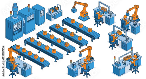 Isometric illustration depicting an automated factory and human workers