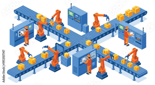 Automated factory line with robotic arms and workers monitoring processes