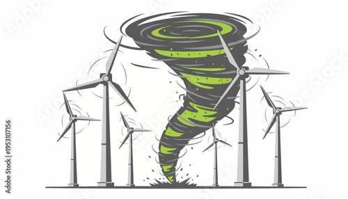 Dynamic illustration of a powerful green and grey tornado amidst a field of wind turbines, symbolizing the immense force of renewable wind energy generation and environmental sustainability