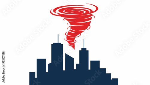 Vibrant graphic depicting a red tornado above a city skyline, symbolizing the considerable risk and devastating impact of natural disasters on urban environments and infrastructure
