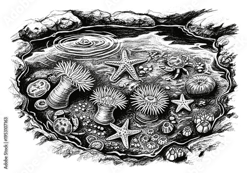 Detailed black and white illustration of a vibrant tide pool ecosystem teeming with marine life