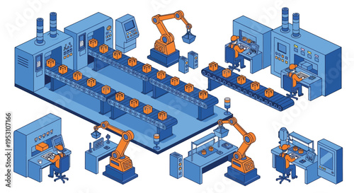 Isometric illustration of a modern automated factory production line system