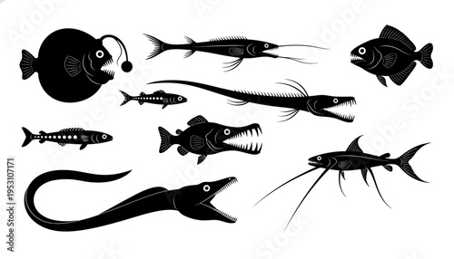 A diverse collection of predatory deep-sea fish silhouettes, showcasing unique marine life forms and their distinct anatomical features against a stark background