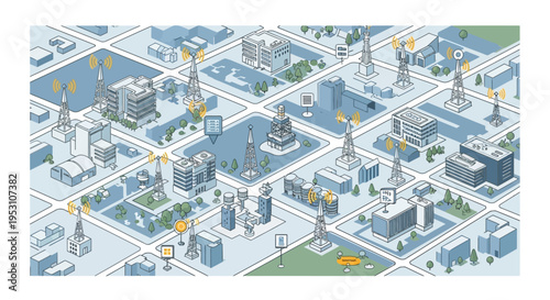 Isometric Smart City Infrastructure Map with Telecommunication Towers and Wireless 5G Network Connectivity