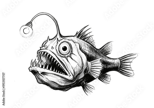 Scary anglerfish with sharp teeth and a glowing lure, hand-drawn sketch style