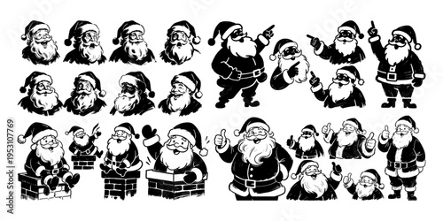 Various Santa Claus drawings with different poses and expressions, hand-drawn ink style on white background, concept of festive character set