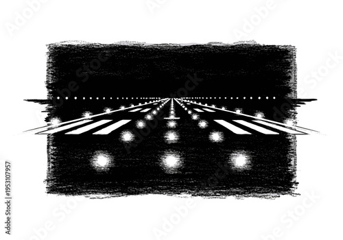 Abstract runway at night with illuminated guiding lights in a dark setting