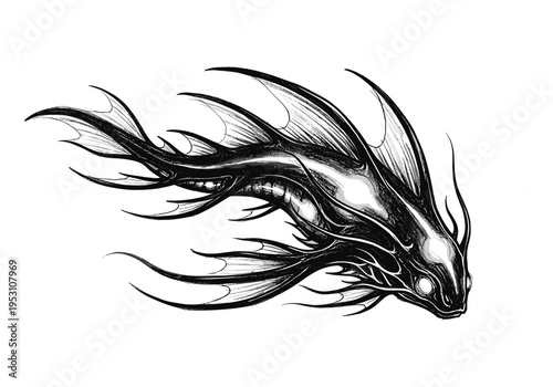 Intricate black and white illustration of a mythical sea creature with sharp fins and glowing eyes