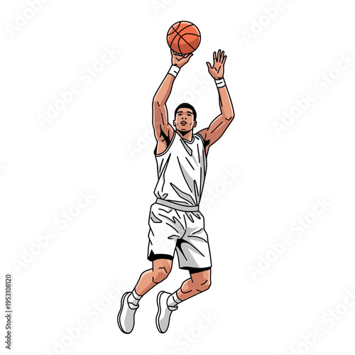 Basketball player in mid-air shooting a jump shot during a game.