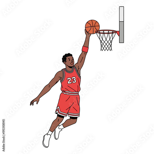 Basketball player in red jersey performing a powerful slam dunk.
