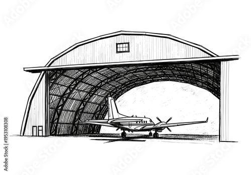 Sketch of a twin-engine airplane parked inside a large, arched aircraft hangar
