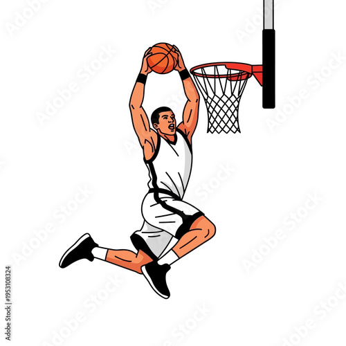 Dynamic basketball player executing a powerful slam dunk during a game.