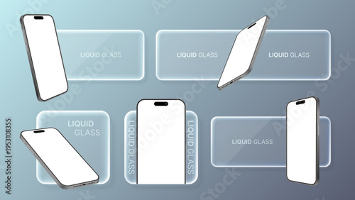 Smartphone Mockup with Glassmorphism UI Panels. Liquid Glass Mobile Interface Design Vector Illustration